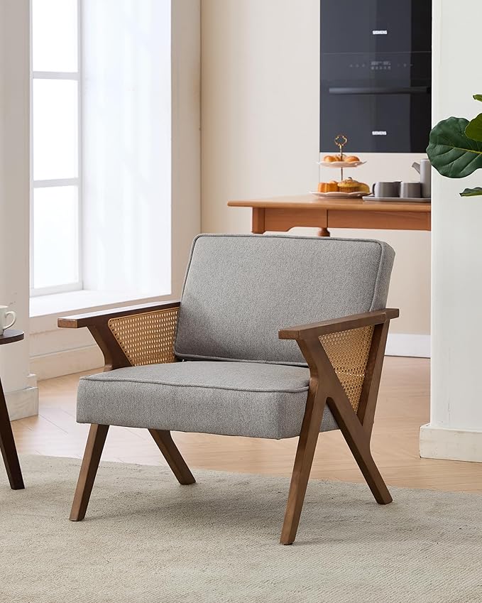 GarveeHome Linen Accent Chairs Mid-Century Modern Armchair with Wood Legs for Living Room Bedroom Waiting Room