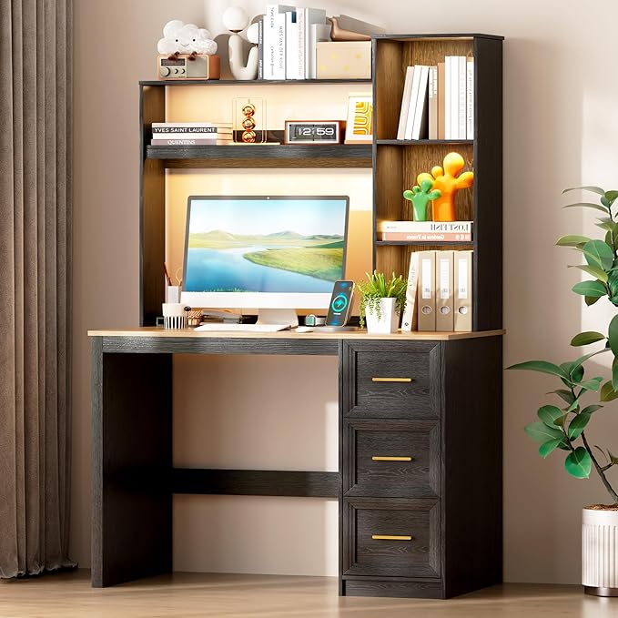 LVSOMT 40” Home Office Desk with Hutch and Drawers Computer Desk with Power Outlets and LED Light Study Writing Gaming Table with Storage Shelves Workstation for Bedroom Black