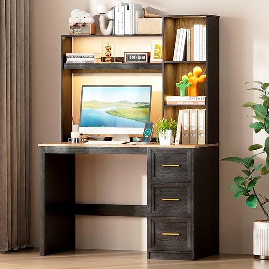 LVSOMT 40” Home Office Desk with Hutch and Drawers Computer Desk with Power Outlets and LED Light Study Writing Gaming Table with Storage Shelves Workstation for Bedroom Black