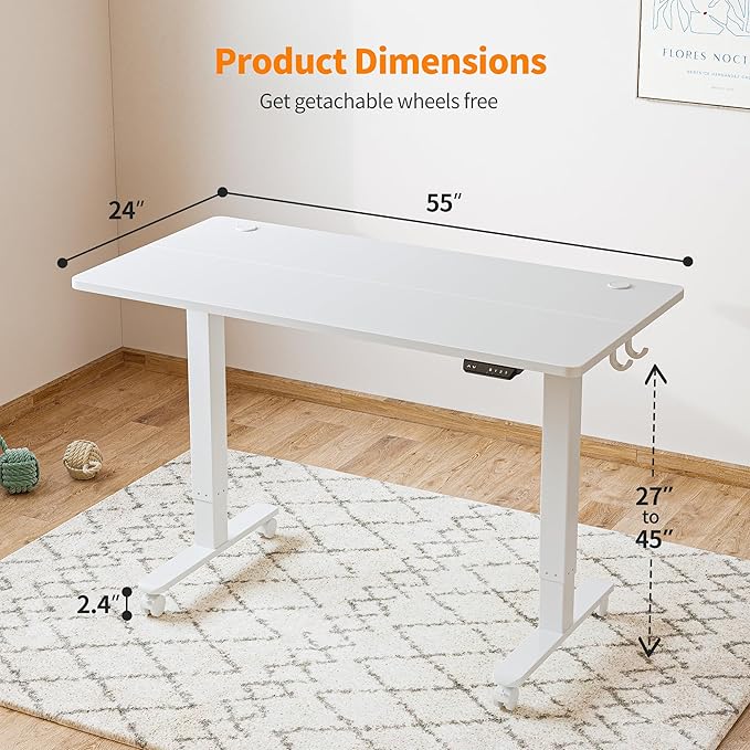 BANTI 55'' Electric Height Adjustable Standing DeskSit Stand up DeskErgonomic Sit-Stand Desk for Home OfficeWhite Top