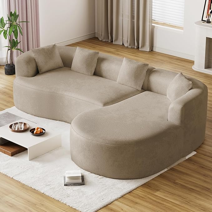 111 Oversized Sectional Sofa with Right Chaise for Living Room Modern Luxury Chenille 4-Seater Couch Extra Deep Seat L-Shape Curved Cloud Couch with 4 Throw Pillows Light Brown