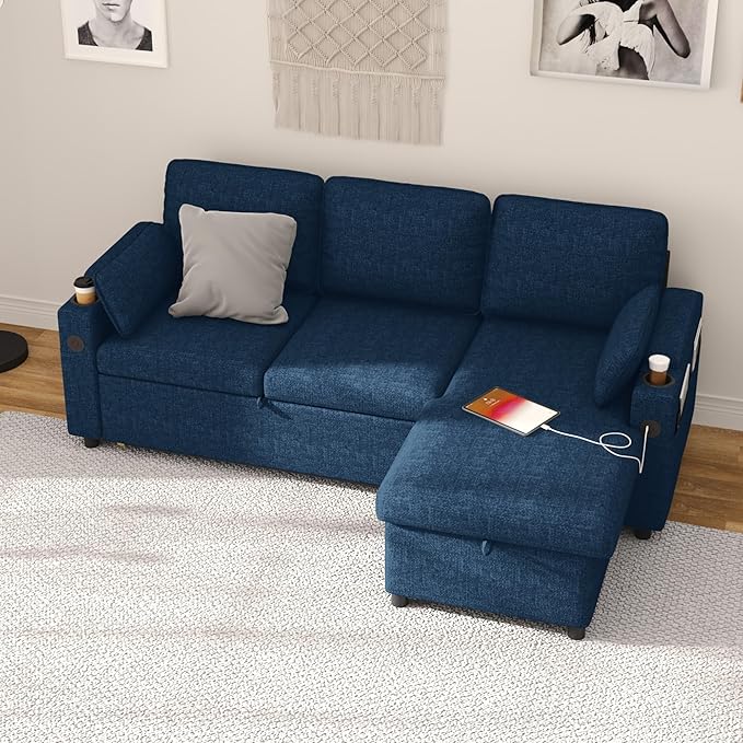 DURASPACE Sofa Bed Sleeper Sofa Couch with Pullout Bed for Living Room L Shaped Couch with Storage Chaise USB Cup Holder (Blue Linen)