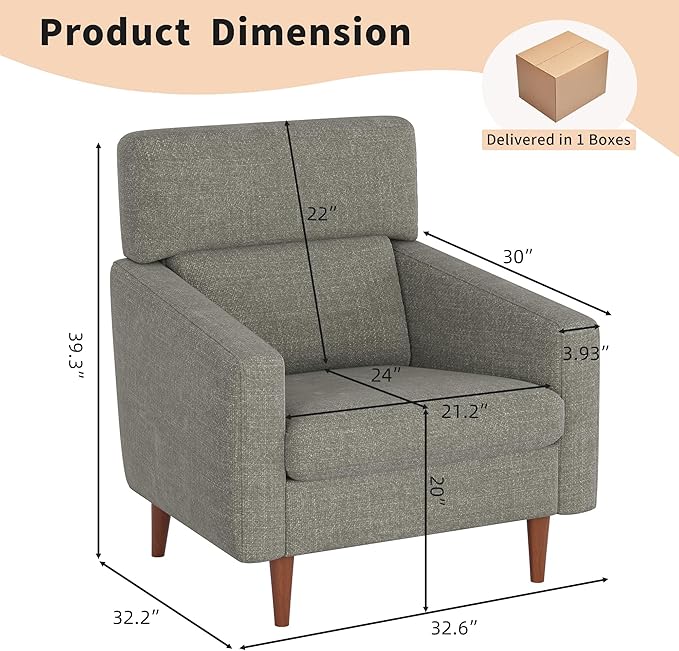 EJUNQ Mid-Century Accent ChairFabric Modern Reading Living Room Chairs Upholstered Armchair with Wood LegsCozy Reading Chair for Living RoomBedroom（Grey