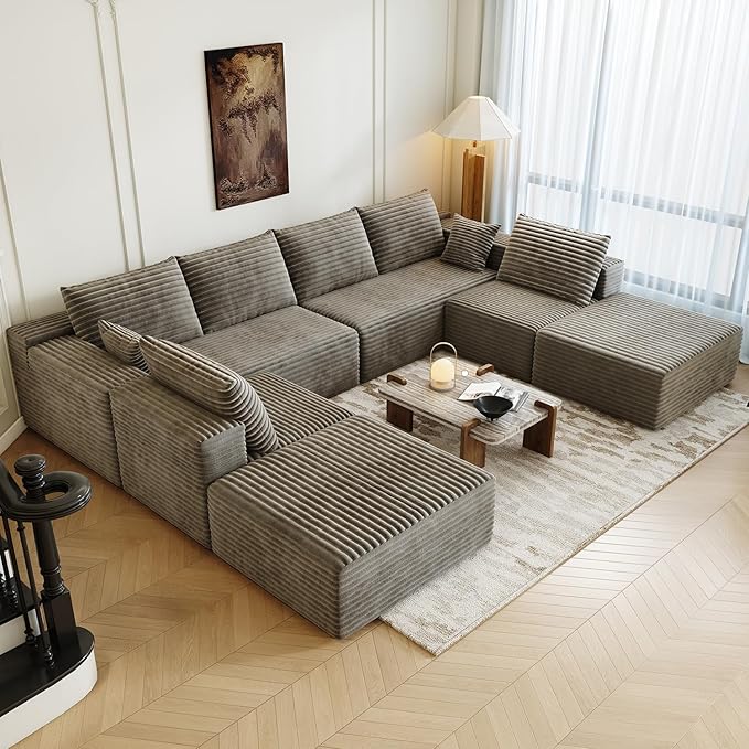 139.4 Modular Sectional Sofa Couch Oversized U-Shaped Minimalist Couches with 2 Ottomans Chaise and 2 Middle Seats Modern Deep Seat Cloud Plush Corduroy Sofas Set for Living Room 8 Seater Camel