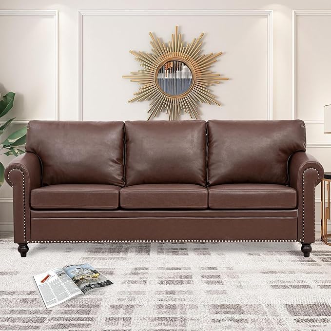 Brown Faux Leather Couch Comfy Classic 3 Seater Living Room SofaMid-Century Modern Sofa with Detachable Cushions 84 for Living Rooms Bedrooms OfficesApartments Tool-Free Assembly(Brown)