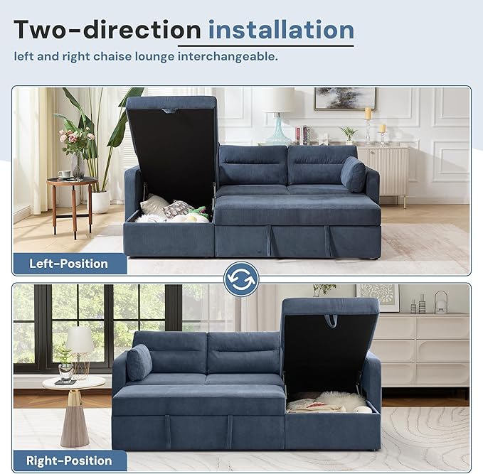 Tbfit 92.5'' 3 in 1 Sleeper Sofa Couch with Storage Chaise Corduroy Sofa Bed with Pull Out Bed Convertible Sleeper Sofas for Living Room Small Spaces Blue