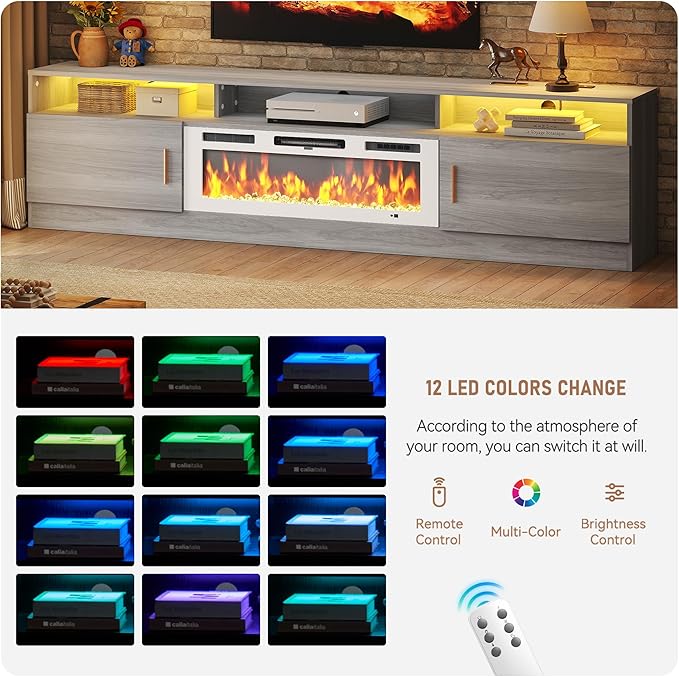 MXV 78 Fireplace TV Stand with Power Outlet for TVs UP to 90 Electric Fireplace Entertainment Center with LED Lights &amp Storage Cabinets TV Console for Living Room Office Grey-White