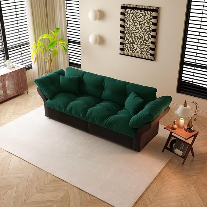 74.8 Queen Velvet Pull Out Sofa Bed 3-in-1 Convertible Sleeper Tufted Couch with 2 Soft Pillows Multi-Functional Folding Loveseat Bed Green