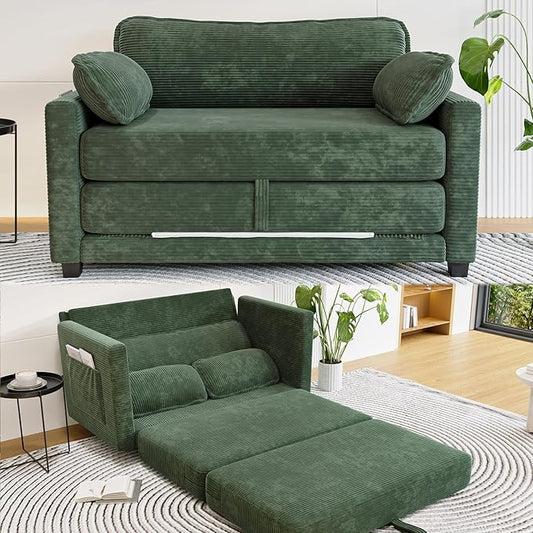 Convertible Sofa Bed Loveseat Sleeper Sofa with Side Storage &amp Solid Wood Frame Corduroy Small Couch Bed for Small Space Pull Out Floor Couch for Apartment Guest (Green 51)