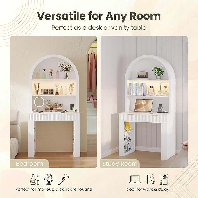 Arched Desk for Home Office Computer Desk with 2 Drawers &amp Hutch Wood Writing Desk with Power Outlets 3 Color LED Lights Side Open Shelves Modern Fluted Design 35.4 W x 70.8 H (White)
