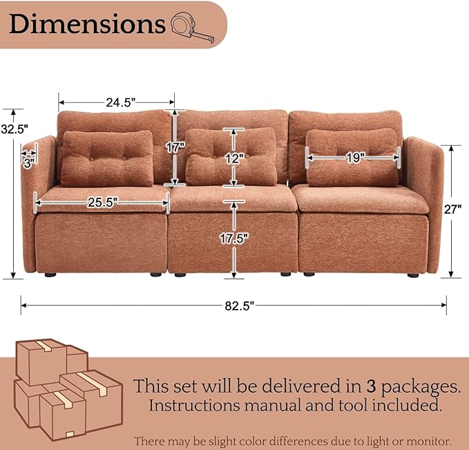 LukeAlon Modular Sectional Sofa Couch with Waist Pillow Modern 3 Seater Chenille Sofa Set 82.5 Comfy Upholstered Lounge Sofa Cloud Couches for Living Room Apartment Office Light Brown
