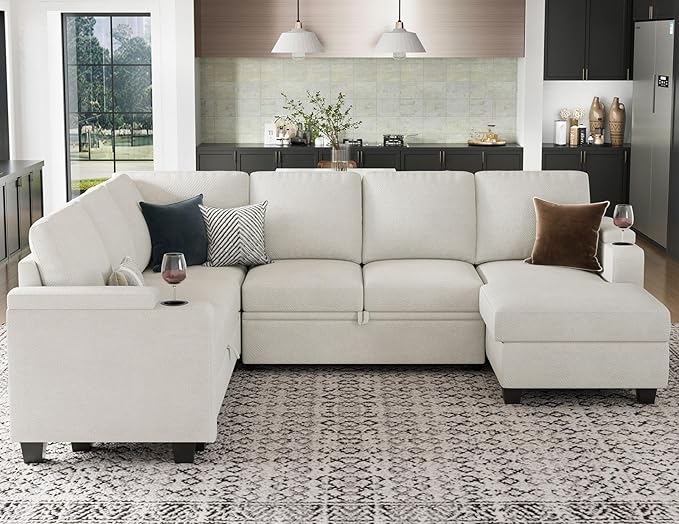 Belffin Sleeper Sofa Modular Sectional Pull Out Couch Bed U Shaped Sofa Couch for Living Room with Storage Chaise. White