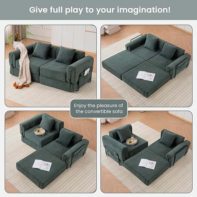 71'' Convertible Sofa Bed with Storage Pocket - Boneless Loveseat with Fixed-Shape Frame - Loveseat Sofa Bed with Pillow Support Folding Couch for Living Room Office Bedroom (Green)