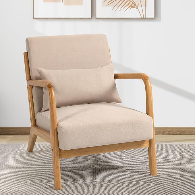 Mid-Century Modern Linen Accent Chair Solid Wood Armrests and Legs Solid &amp Comfortable Seating for Living Room