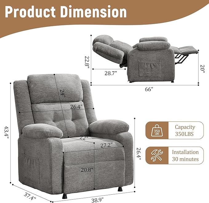 Power Recliner Chair for Adults Oversized Electric Recliner with Thickened Cushions Chenille Fabric Reclining Chair for Living Room Bedroom LightGrey