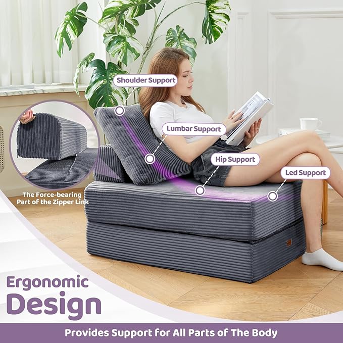 Folding Chair Bed Convertible Sofa Bed with PillowsFold Out Chair Bed with High-Density FoamChair Bed Sleeper for Adults Perfect for Living Room 、Hotel 、Apartment  Single Dark Gray