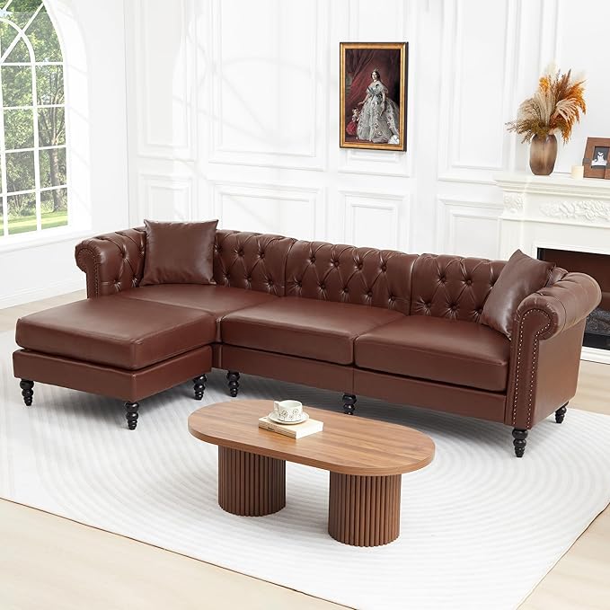 AVZEAR Chesterfield L Shaped Sofa Modular Sectional Leather Couch with Ottoman and Pillow Modern Sofa Bed PU Deep Seat Sofas Living Room Furniture Sets for Living Room Bedroom and Apartment Brown