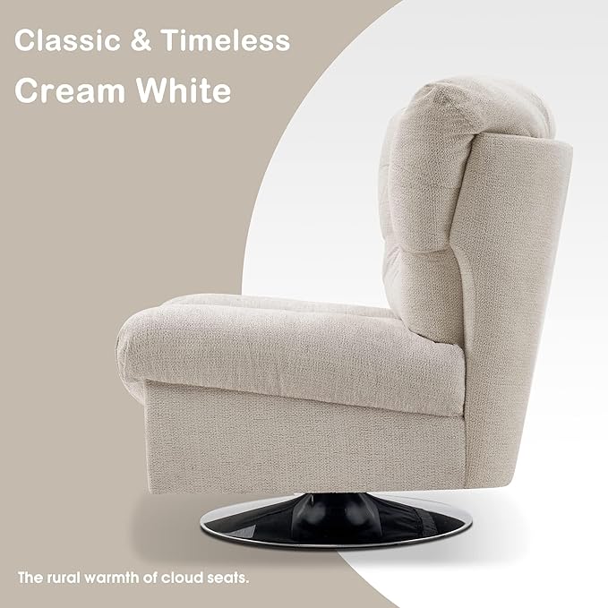 MCombo Swivel Accent Chair Modern Tufted Upholstered Armless Chairs Wide Seat Single Sofa Chair for Living Room Bedroom Nursery Room LW753 (Cream White)