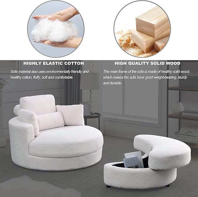 Yoglad Modern Swivel Accent Round Chair Barrel Sofa with Storage Ottoman Oversize Lounge Chair Linen Fabric Round Chair with Pillows for Living Room Office (Lvory 51)