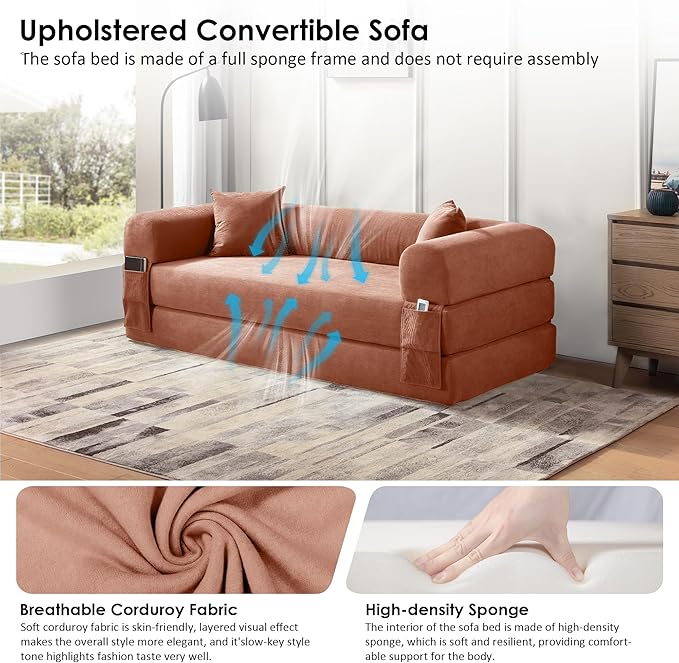 80 Convertible Sofa Bed Corduroy Deep Seat Folding Pull Out Couch with Pillows No Assembly Modern Boneless Couch Compression Sofa in Box Floor Sofa with Storage Pocket for Living RoomPink