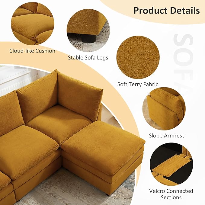 VANOMi L Shape Modular Sectional Sofa Couch for Living Room Oversized Modern Sleeper Cloud Couch with Deep Seat Double-Layer Thick Cushion Movable Ottoman Convertible Upholstered Sofa Set Curry