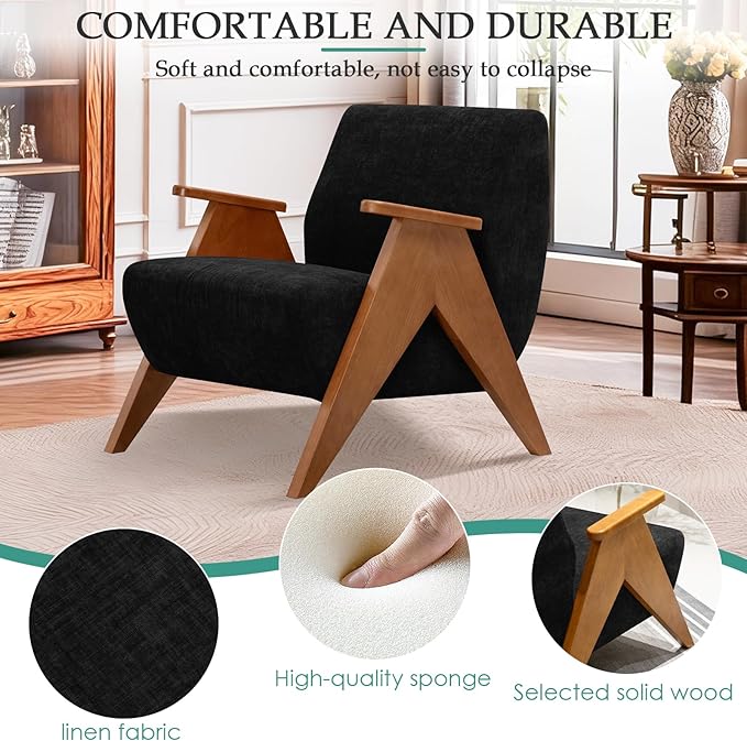 Home Accent Chair Mid Century Modern Accent Chair with Wood Frame Lounge Upholstered Armchair Reading Chair Sturdy BaseFor Living Room BedroomOfficeComfy Guest Waiting Room ChairsBlack