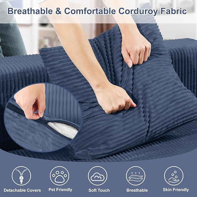 Redlife 117” Modular Sectional Sofa with Ottoman L Shaped Modular Couch Large Sectional Couches Corduroy Combination Sofas for Living Room Apartment Bedroom No Assembly Required Blue