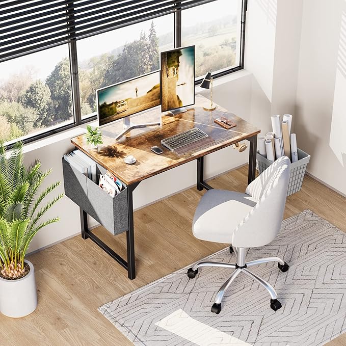Sweetcrispy Computer Small Office Desk 40 Inch Student Kids Study Writing Work with Headphone Hooks &amp Storage Bag Modern Simple PC Home Bedroom Table - Brown