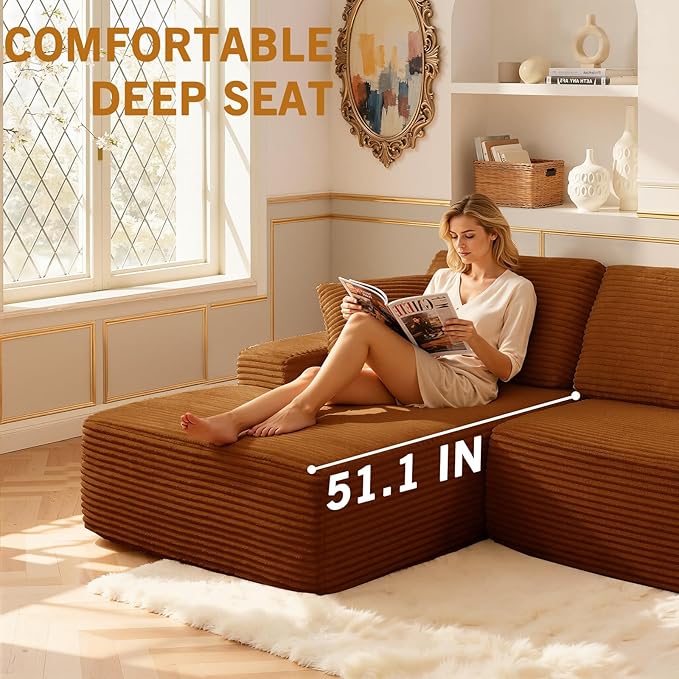 109.4” Modular Sectional Sofa Convertible Sofa Bed No Assembly Required Cloud Couch with Deep Seat Modern L-Shaped Boneless Sofa for Living Room (Orange)