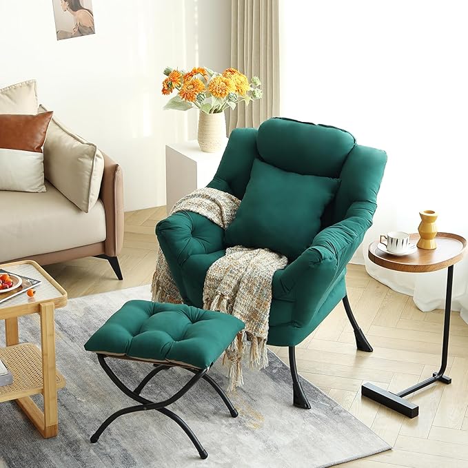 Lazy Chair with Ottoman Comfy Reading Chair with Footstool &amp Pillow Modern Lounge Chairs with Armrests &amp Side Pocket for Living Room Bedroom Dorm RoomDark Green