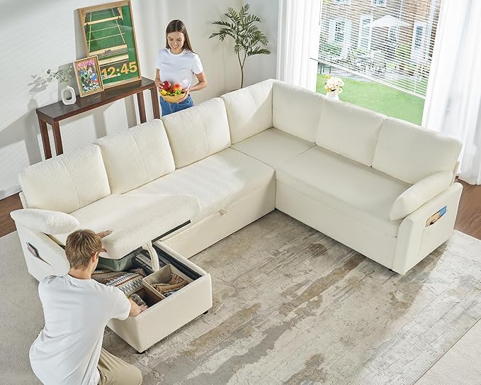 PaPaJet Sofa Bed 112 Inch Sleeper Sofa Oversized U Shaped Couch with Storage Chaise Pull Out Couch for Living Room White Boucle