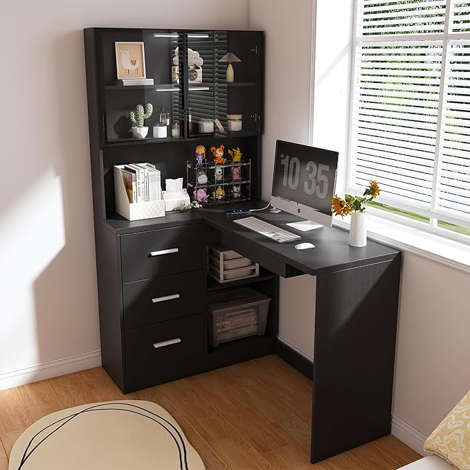 62 Inch L Shaped Office Desk with LED Light &amp Power Outlet Corner Computer Desk with Glass Cabinets Keyboard Tray Larger Gaming Desk for Home Office Study (Black)
