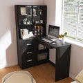 L Shaped Desk with HutchComputer Desk with Glass Cabinets &amp Built-in Led LightsOffice Desk with USB Charging Ports Keyboard Tray Ergonomic Design for Home and Corporate Workspaces