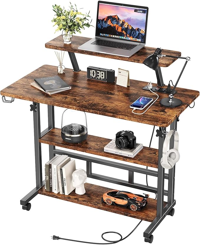 Adjustable Height Standing Desk with Power Outlets Rolling Stand Up Desk with Monitor Stand and Storage Shelves 31.5 Small Mobile Computer Desk Portable Laptop Table (Retro Brown)
