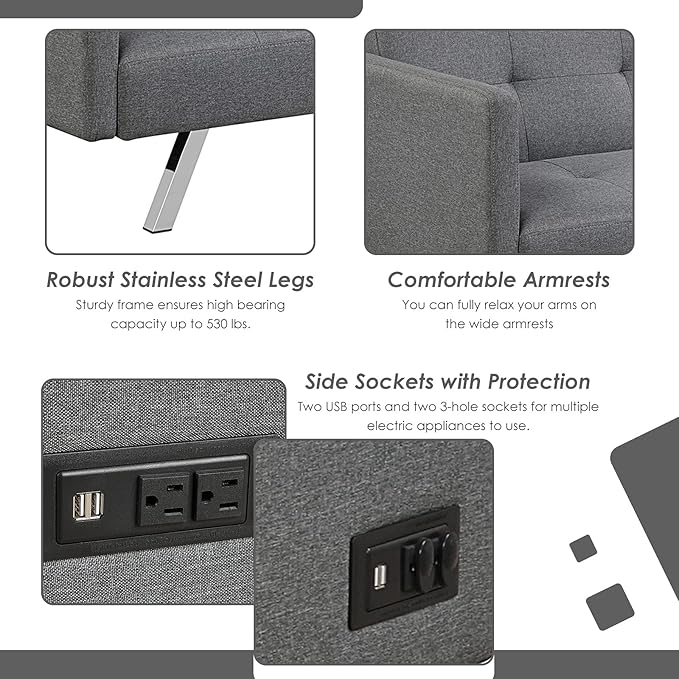 Giantex Convertible Futon Sofa Modern 3 Seat Sofa Bed with USB and Power Strip Folding Loveseat Linen Fabric Lounge Couch for Apartment Dorm Easy Assembly (Grey)