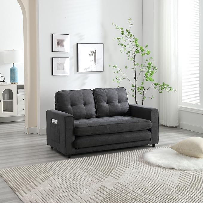 Futon Sofa Bed Convertible Folding Futon Couch Breathable Small CouchAdjustable Pull Out Chaise Lounge for Compact Living Studio in Living Room and Bedroom Offices Dorm Loveseat (Dark Gray)