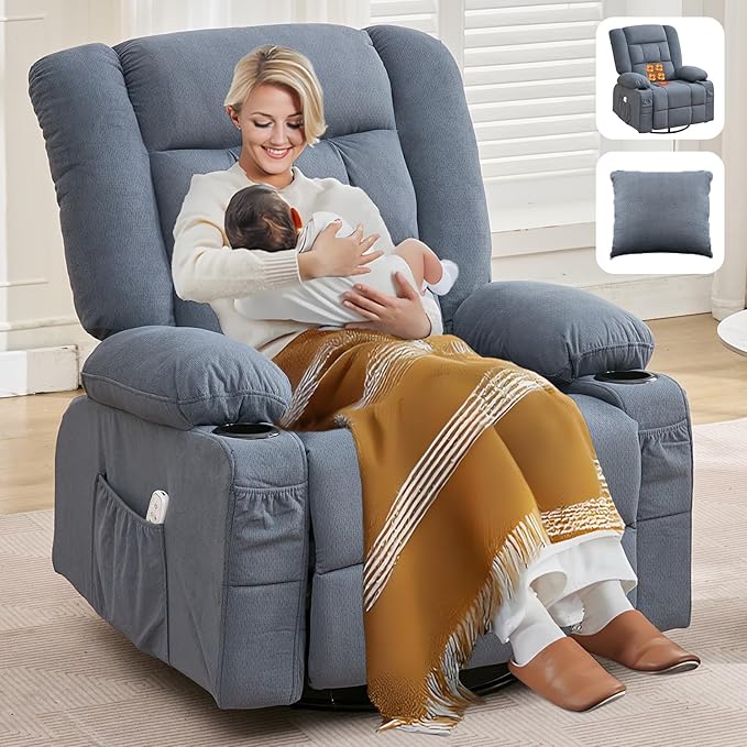 Oversized Recliner Chairs for AdultsSwivel Rocking Chair Recliner with Wide Arms&amp Backrest Fabric Reclining Chair with Pockets Lazy Boy Recliners for Living Room Bedroom (Regular Blue)