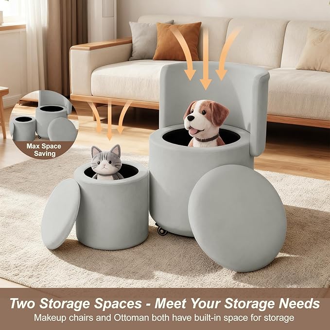 Rolling Round Vanity Chair with Storage Swivel Makeup Chair with Folding Back PU Leather Small Upholstered Ottoman for Bedroom Living Room