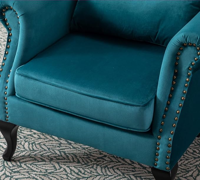 Mid Century Modern Accent Chair Upholstered Armchair Comfy Velvet Fabric Single Sofa with Tufted Wingback for Small Spaces Bedroom Living Room Teal