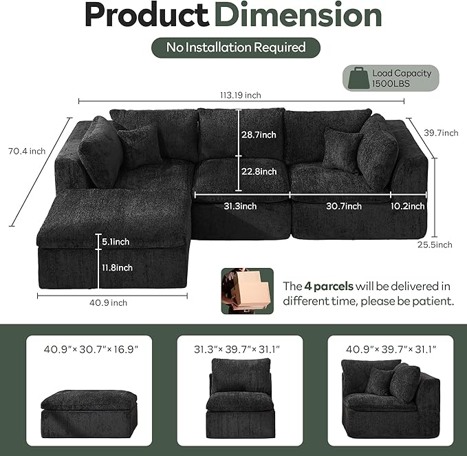 STHOUYN 114” Modern Black Boneless Sectional Couches for Living Room Black Modular L Shape Cloud Sofa Couch with Ottoman Comfy Big Oversized Corner Couch in a Box(Black 3 Seater + 1 Ottoman)