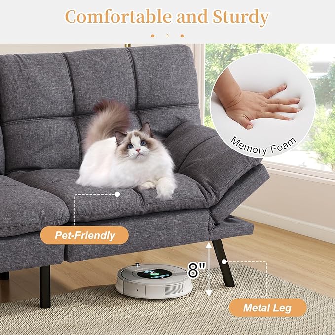 Opoiar Futon Sofa Bed Modern Memory Foam Sleeper Sofa Convertible Grey Couch Adjustable Armrest&ampBackrest Leather Futon for Living SpaceApartmentOffice Sofabed