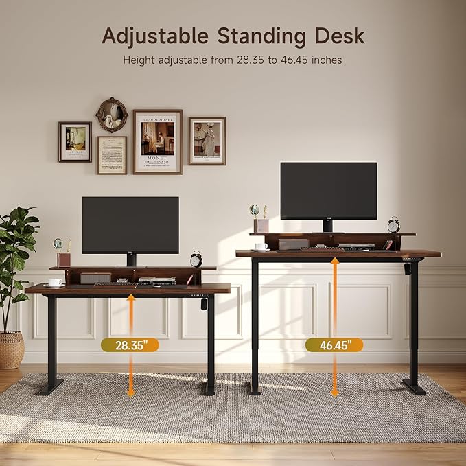 ONBRILL Home Office Furniture Set 63'' Standing Desk with 55'' File Cabinet Electric Height Adjustable Executive Workstation with Monitor Stand for Home Office Walnut