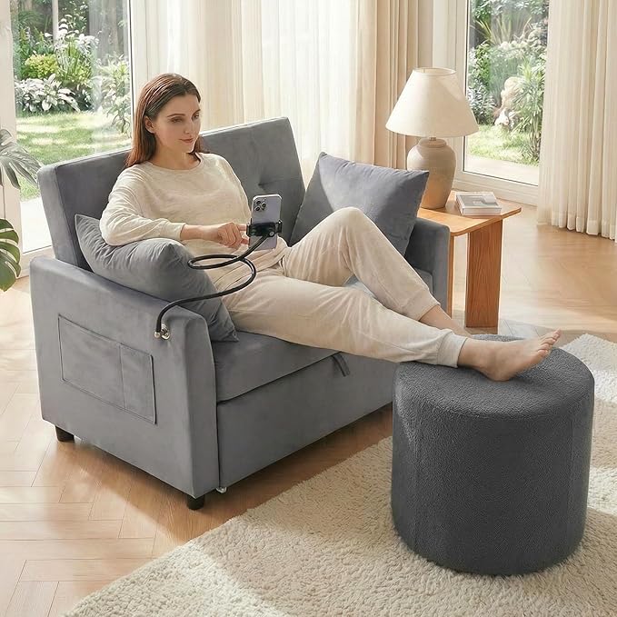 Round Stuffed Pouf Ottoman with Convertible Pull Out Sleeper Couch Sofa Bed Furry and Fluffy Pouf Foot Stool Ottoman Floor Poufs Foot Rest for Living Room Office (Grey)