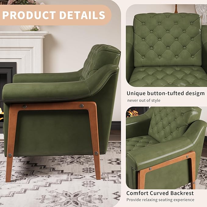 EJUNQ Cozy Accent ChairPU Leather Modern Living Room ChairsMid-Century Office Reading ChairSingle SofaArmchair for Bedroom Apartment Waiting Room(Green)