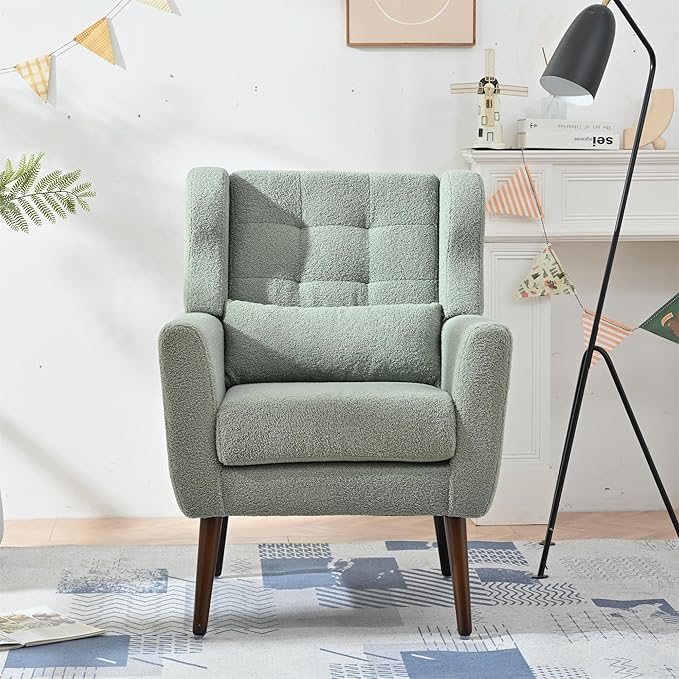 Modern Accent ChairTeddy Fabric Living Room Chairs Comfy Reading ChairMid Century Accent Chair Lounge Arm Chairs Armchair for Living Room Bedroom (Light Green)