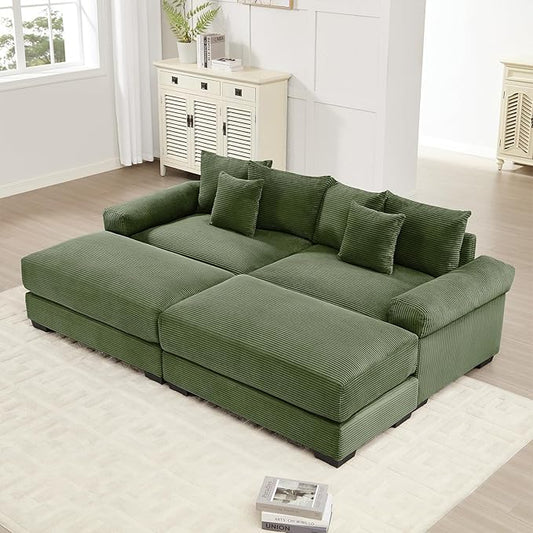 92.4 Oversized Modular Sectional Sofa Corduroy Large Sectional Couches for Living Room Love Seat Couches with 2 Movable Ottomans Modern Deep Seat Sofa Set U Shaped Green
