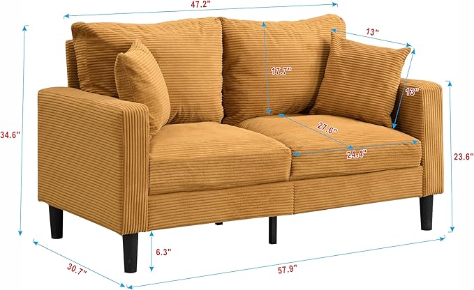 Corduroy Loveseat Sofa 2-Seater with Metal Legs Modern 57'' Compact Couch for Small SpacesMini Couches for Living Room/Apartment/Dorm/OfficeSettee (Corduroy Orange)