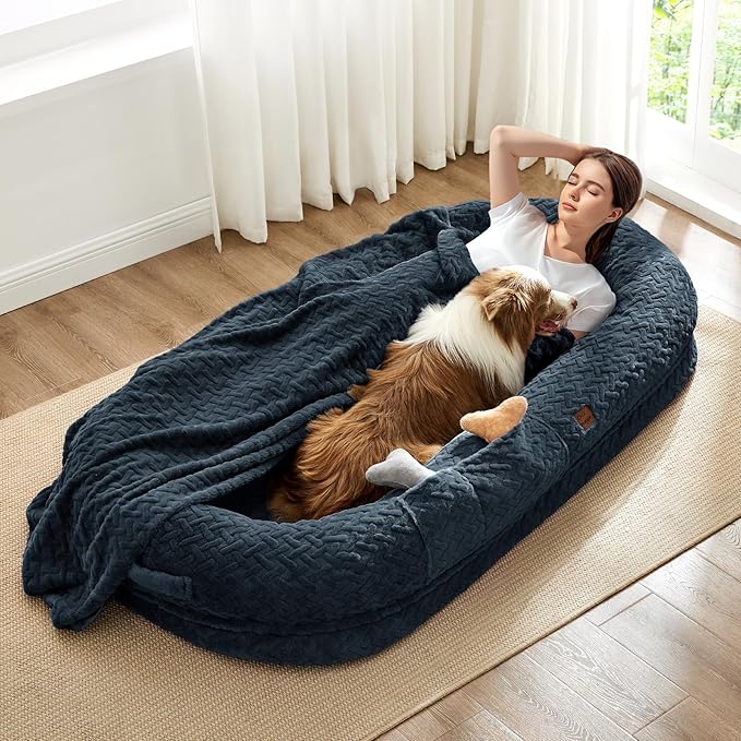 Human Dog Bed for Adult - Luxury Faux Fur Giant Size Dog Bed with Portable Handle Egg Orthopedic Foam with Blanket 72x40x10 Navy