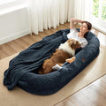 Human Dog Bed for Adult - Luxury Faux Fur Giant Size Dog Bed with Portable Handle Egg Orthopedic Foam with Blanket 72x40x10 Navy