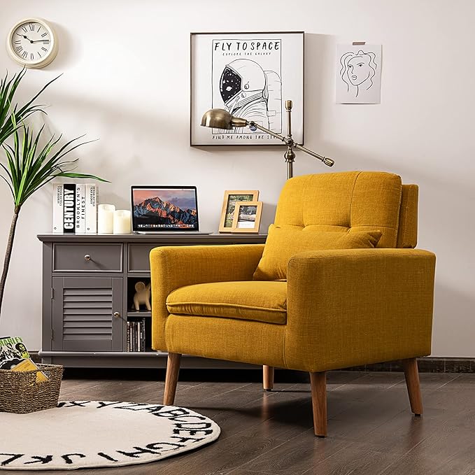 Giantex Modern Accent Chair Set of 2 Upholstered Linen Fabric Single Sofa Armchair with Pillow Max Load 330lbs Mid Century Modern Living Room Chair for Bedroom (Yellow)